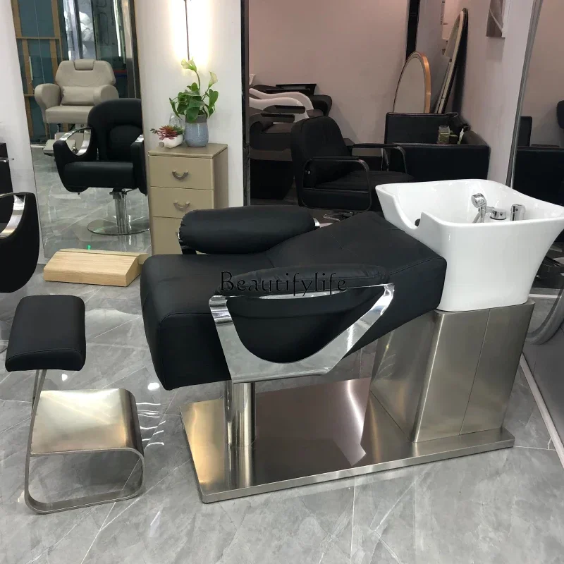 

02Beauty Shop Ceramic Basin Shampoo Chair Stainless Steel Lying Half Flushing Bed