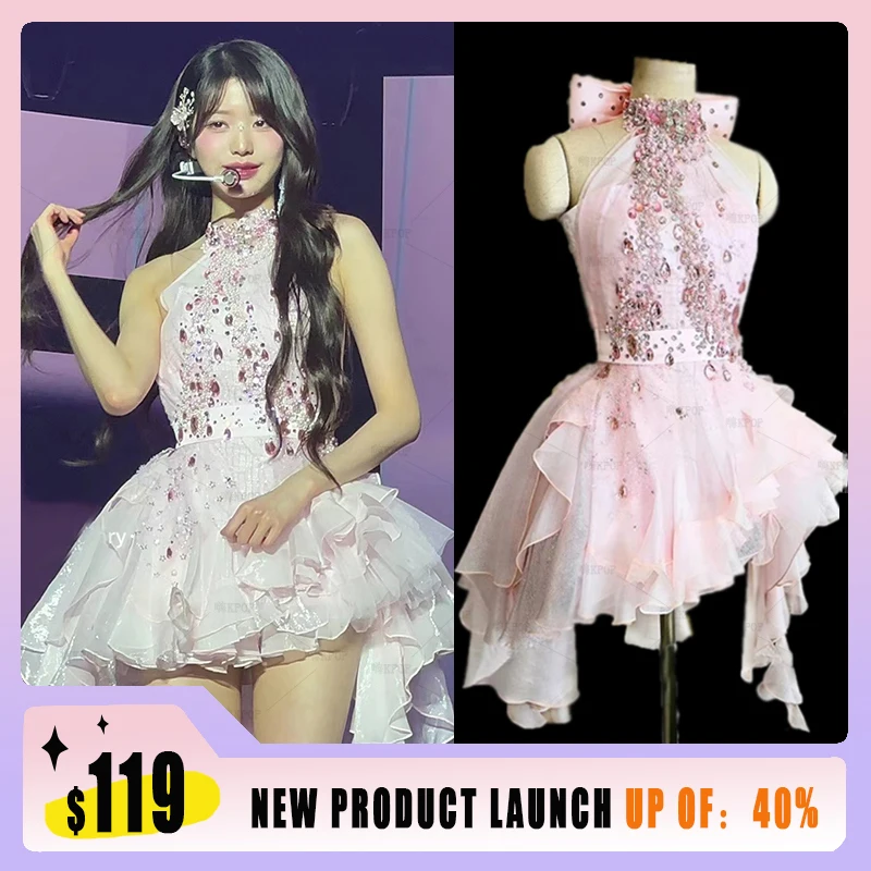 

New Korean Idol Same Handmade Water Diamond Pink Dress K-POP Jazz Dance Costumes Birthday Party Dresses Princess Clothing VBH350