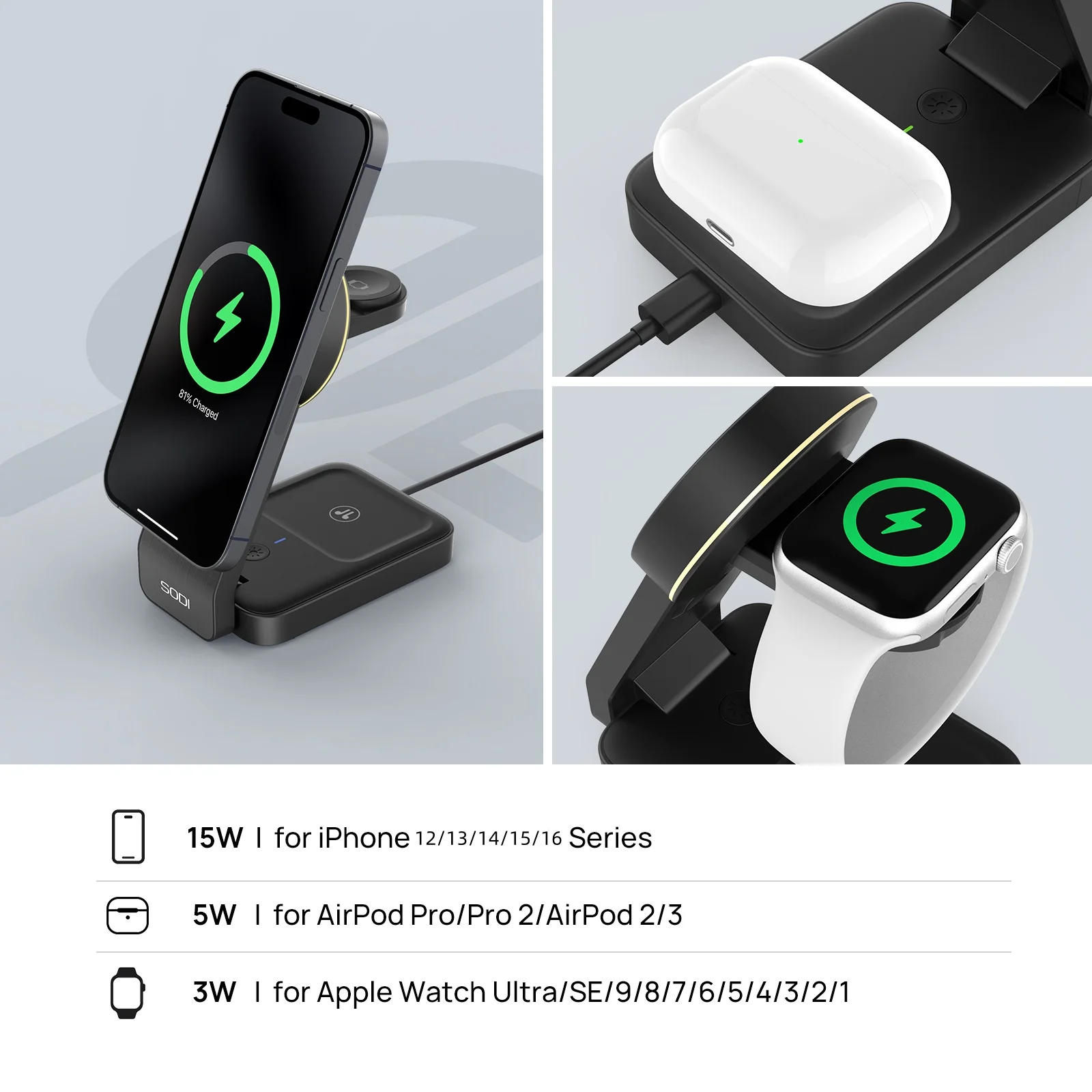 

Qi2 Wireless Charger 15W Fast Charging 3 in 1 Magnetic Stand For iphone/airpods/iwatch Potable Pocket Phone Holder for Travel