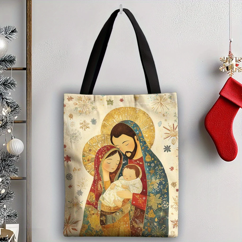 

1pc Elegant Jesus' Birthday Tote Bag, High-Quality Polyester, Ideal for Shopping Christmas Bag Festive Design Durable