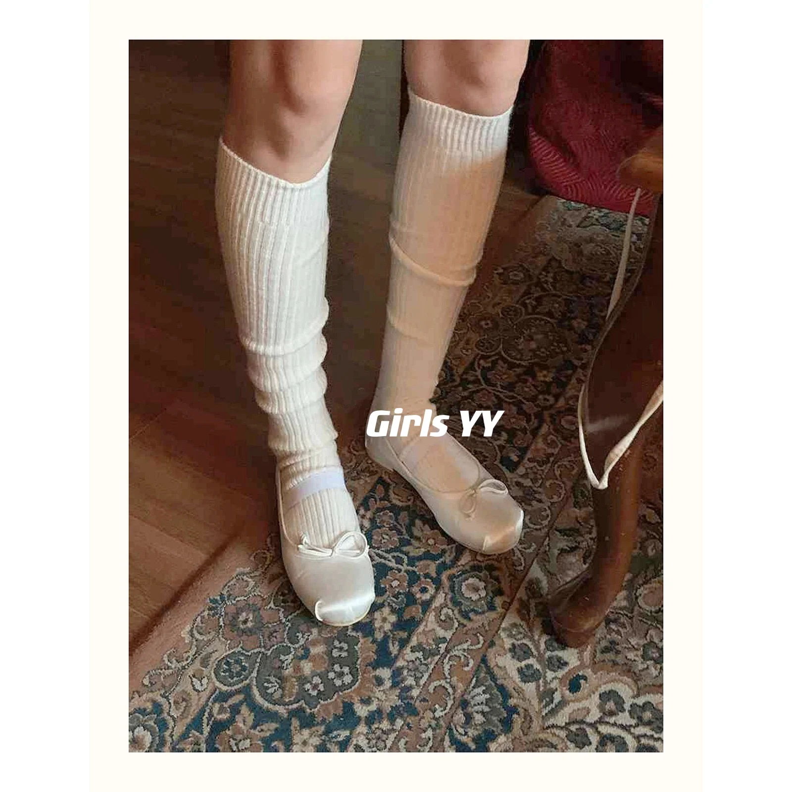 White Calf Socks Bandage Dress Winter Mid-Calf Socks Vertical Stripes Bunching Socks Cashmere Knee Socks
