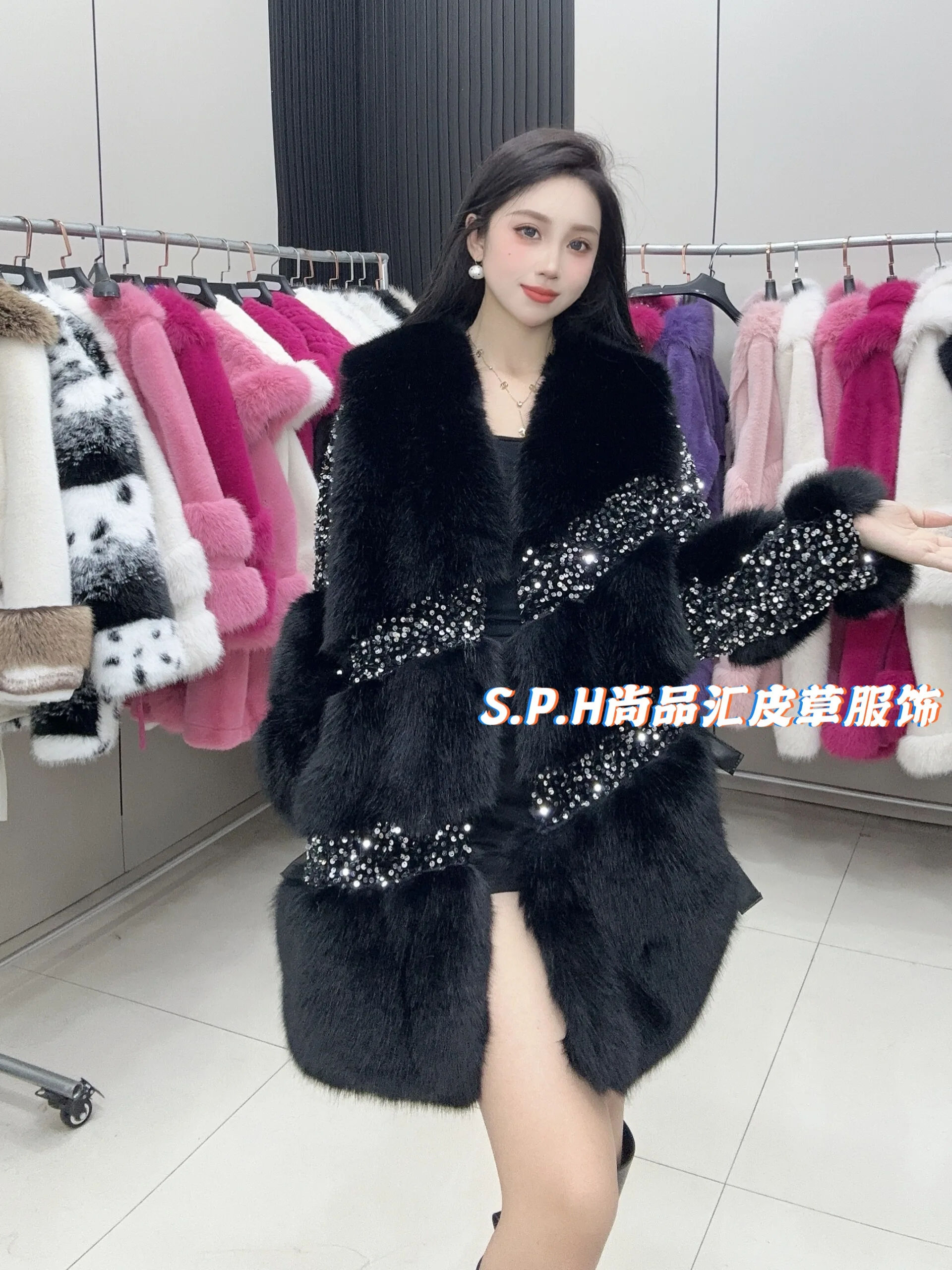 Heavy Industry Sequined Warm Faux Fur Jacket Women 2024 Autumn and Winter Shiny Diagonal Striped V-neck Long-sleeved Jacket