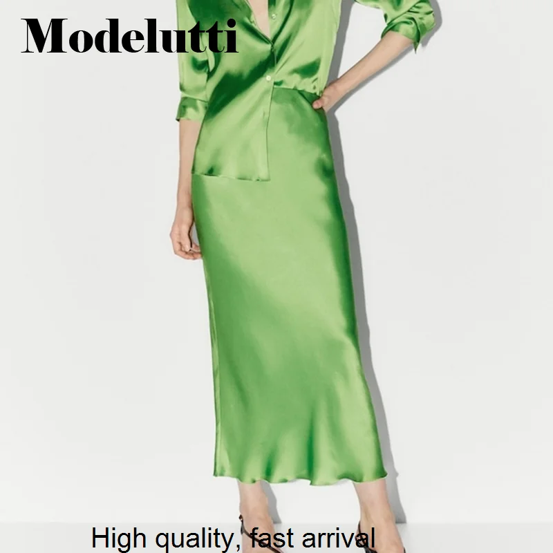 

New Spring 2023 Summer Fashion Green Long Skirt Women Satin Solid Color Silky Simple Elegant Casual Bottoms Female