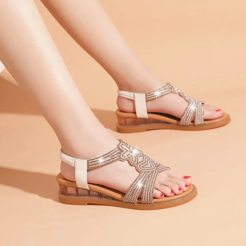 2023 New Summer Fashion Women\'s Shoes Open Toe Shoes Simple and Elegant Casual Sandals Solid Crystal Flat Sandals