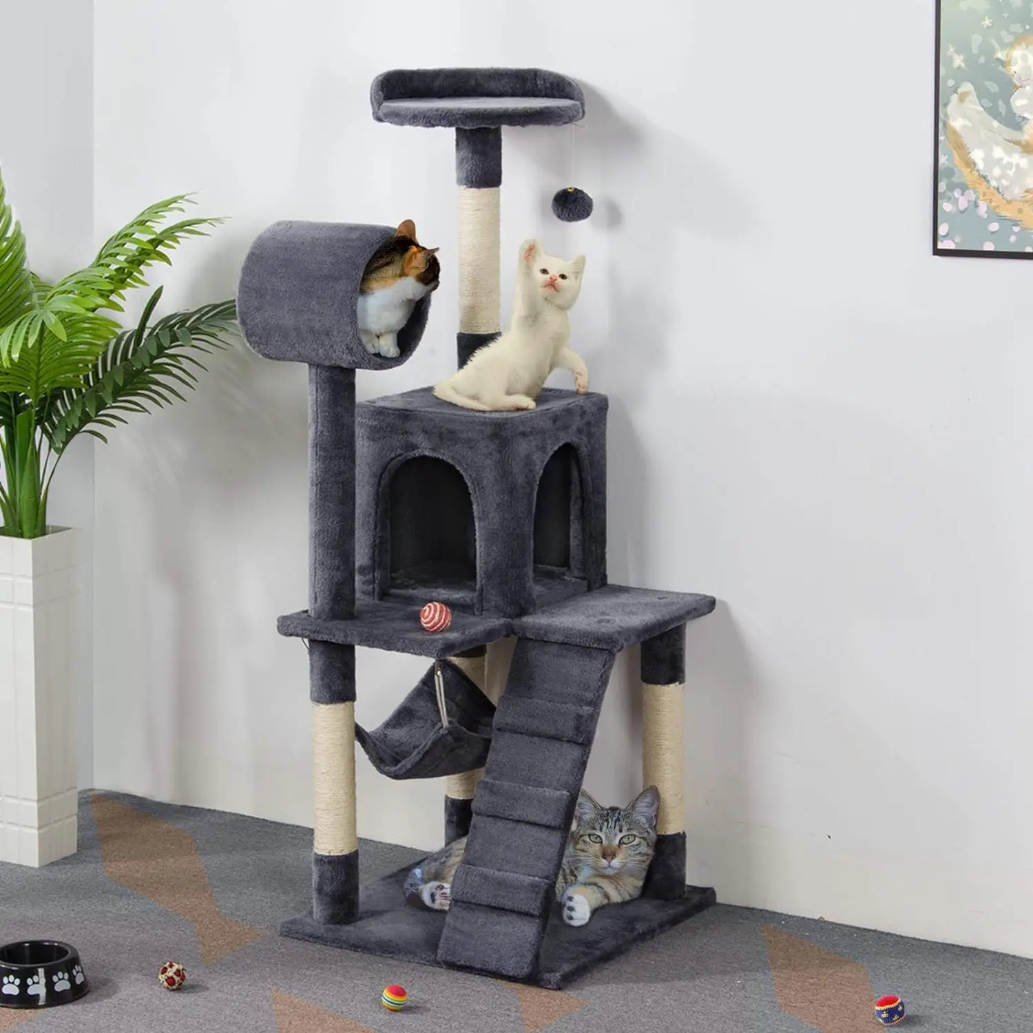 Cat Tree Tower Kitten Condo Scratching Post with Hammock Tunnel 51in