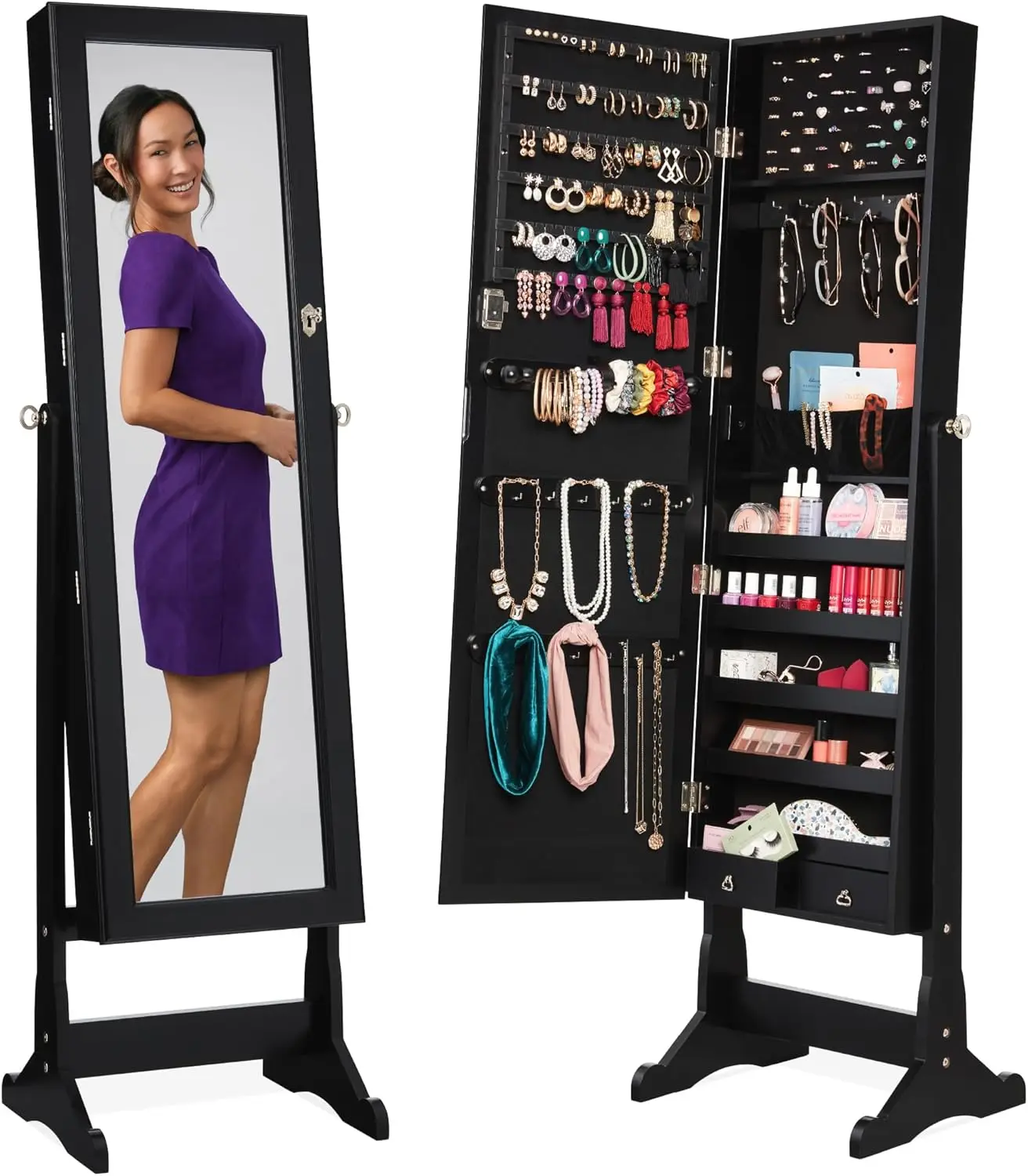 

Freestanding Jewelry Armoire with Full-Length Mirror, Lockable Makeup Organizer, Velvet Lining & 5 Shelves - Black