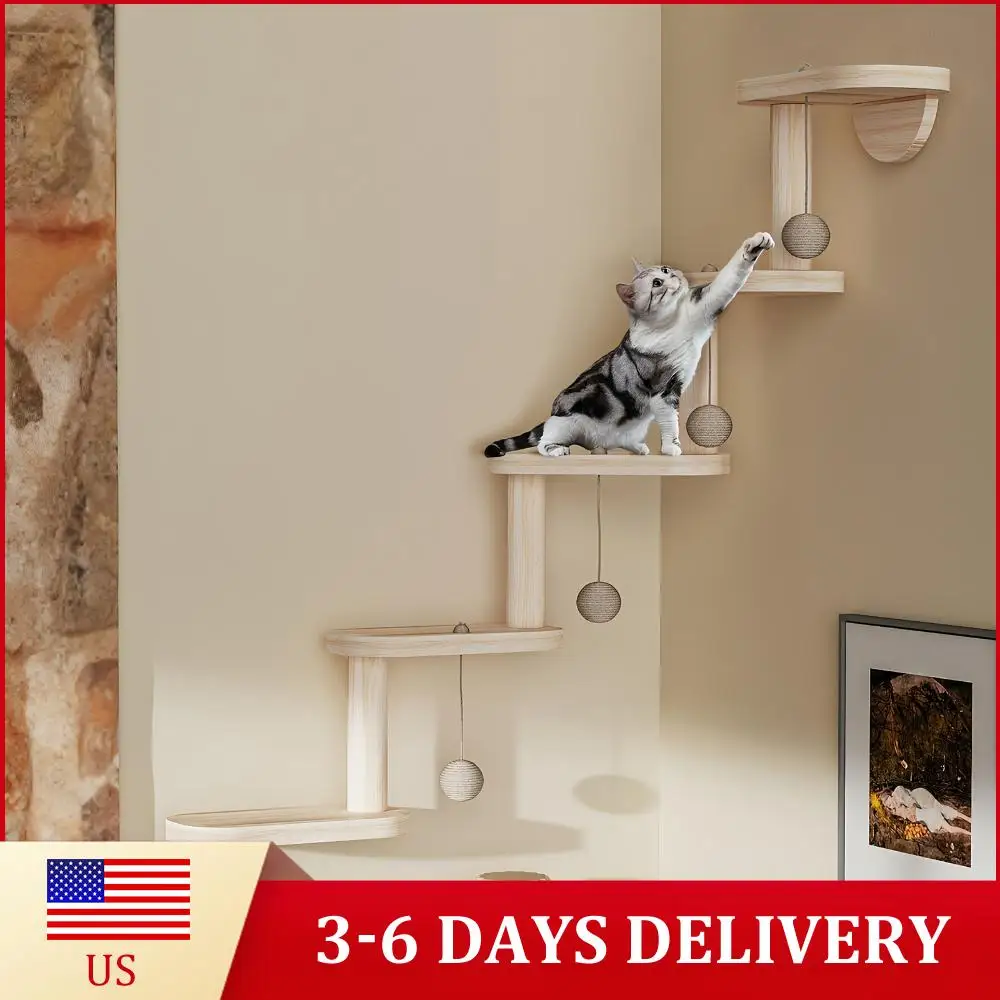 

Настенная деревянная полка-лестница для кошек с 5 ступеньками: для лазания, игр, отдыха и царапания