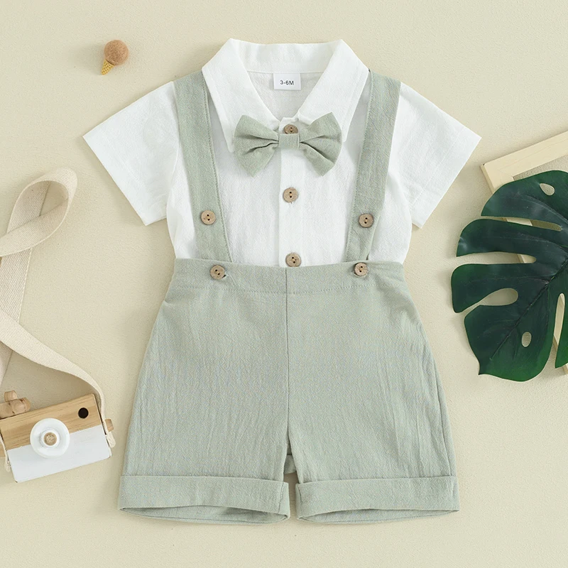 Newborn Baby Boys Gentleman Outfits Short Sleeve Turn-down Collar Button Romper Bib Pants Bow Tie 3Pcs Short Set Kids Clothes