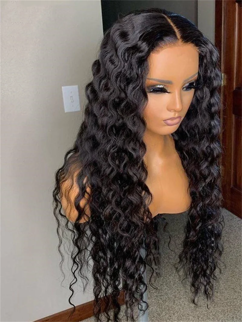 Long Kinky Curly Lace Front Wig para mulheres, preto natural, macio, sem cola, cabelo do bebê, sintético, pré-arrancado, resistente ao calor, 26 Polegada