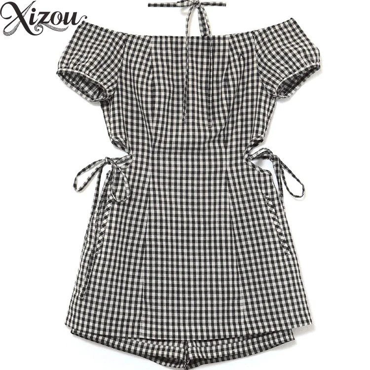 

Summer Women's Two Piece Outfits Japanese Style Off-Shoulder Plaid Tie Elegant Short Sleeve Dress + Casual Shorts Set