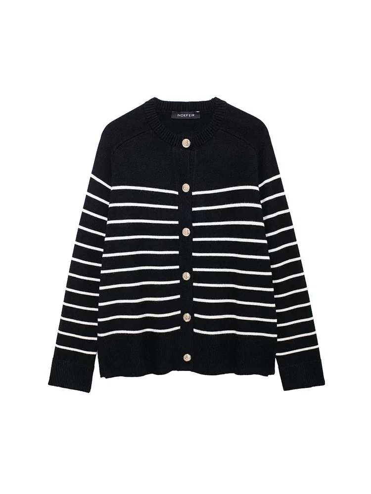 2024 Autumn/Winter European And American Style Female Casual Retro All-Matching Striped Long-Sleeve Knitwear