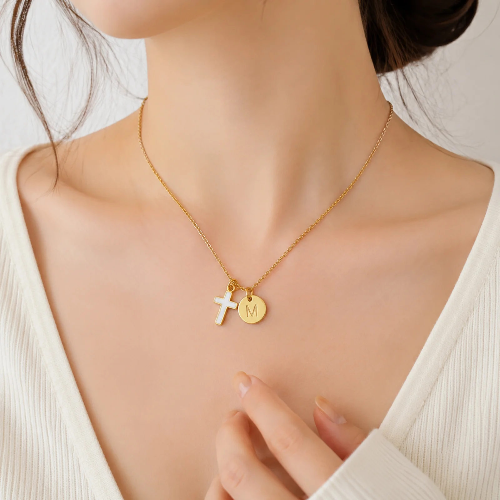 Initial Letter Necklace 18K Gold - Cross Initial Necklace Stainless Steel 18K