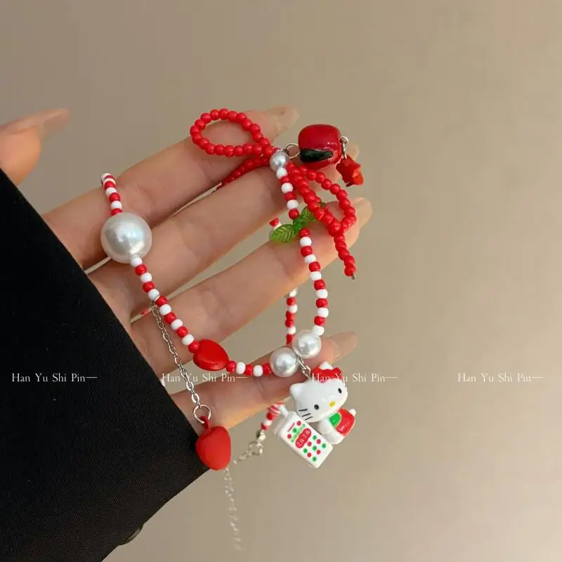 Anime Sanrio Hello Kitty Colorful Dopamine Beaded Bow Collarbone Chain Y2K Bowknot Star Beaded Necklace Accessories Gifts