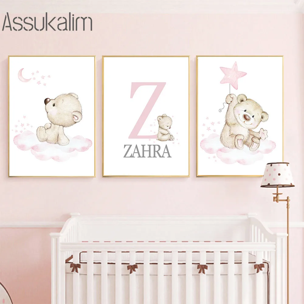 Custom Name Canvas Painting Pink Wall Art Bear Print Pictures Cloud Star Painting Poster Nursery Posters Baby Kids Room Decor