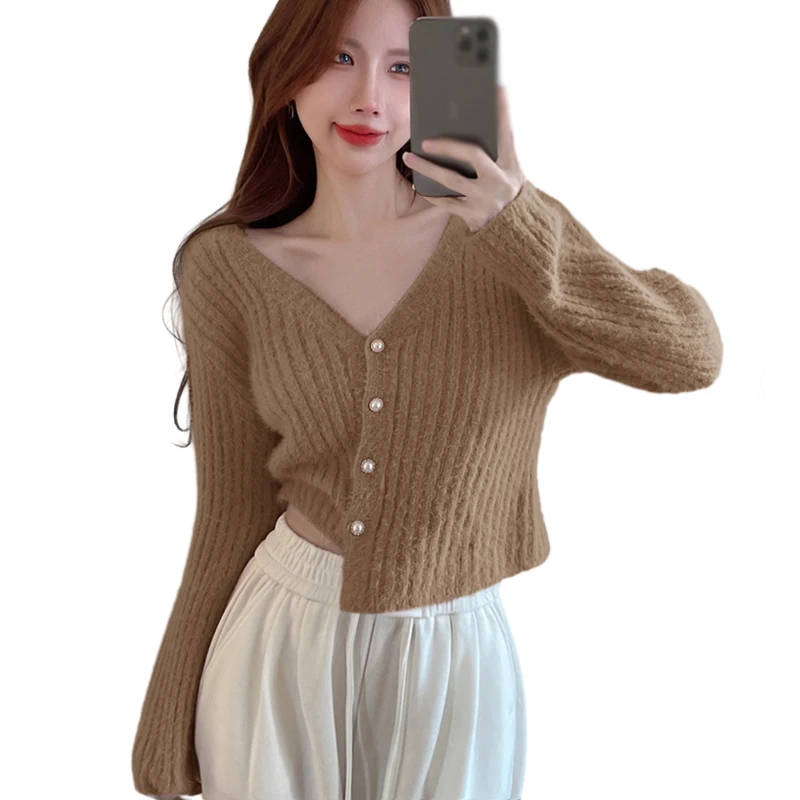 Women Knited Cardigan Autumn Winter V-neck Sweater Sweet Pearl Button Cropped Sweater Top Ladies Slim Fit Cardigan Tops