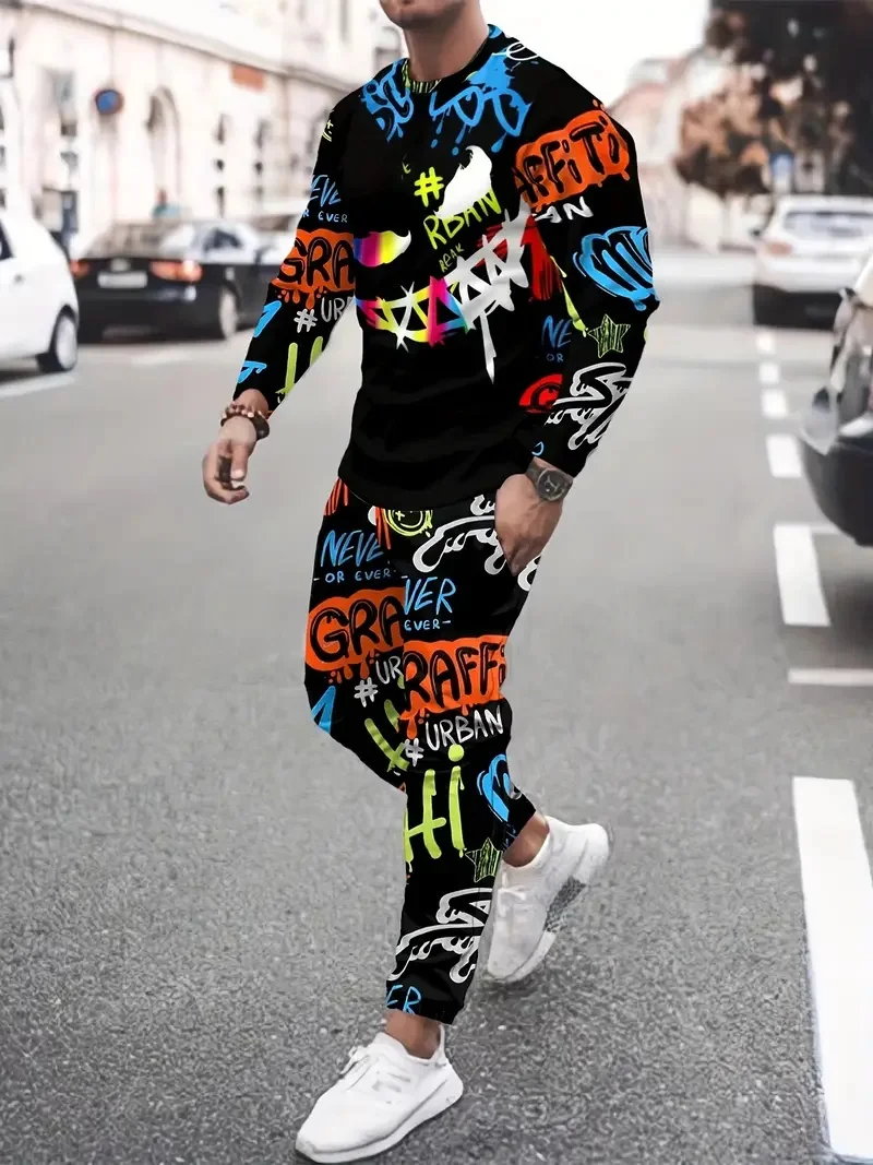 

Men's fashion home suit set, sports shirt and pants, devil graffiti 3D printed jogging pants, men's two-piece set