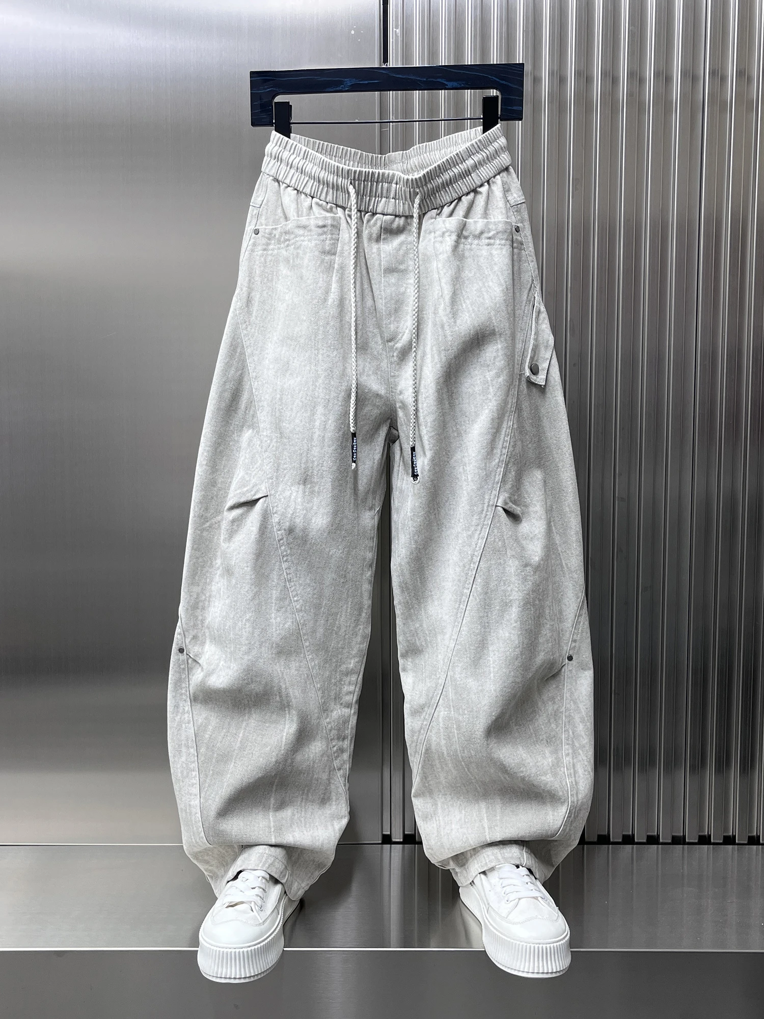 

Американские свободные широкие повседневные брюки, мужские корейские универсальные брюки с завязками, крутая рабочая одежда, дышащие прямые брюки