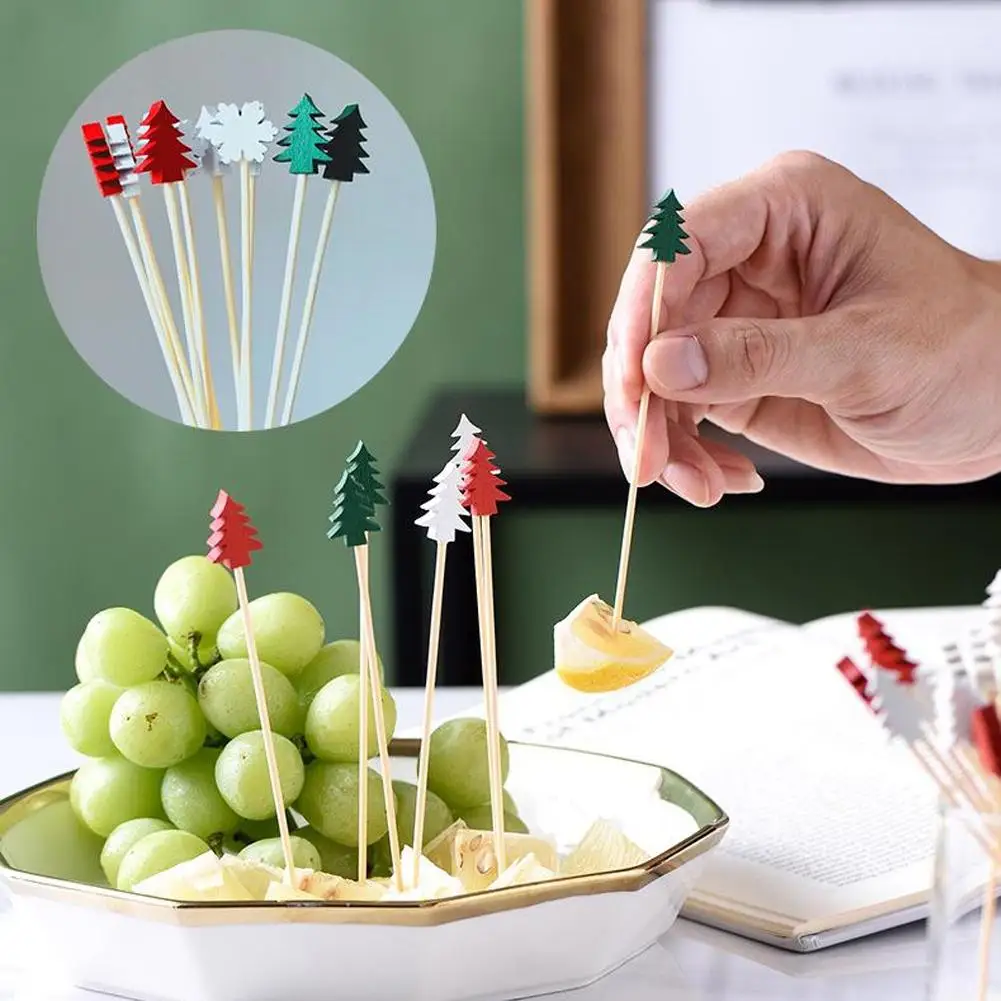 100Pcs Weihnachten Bambus Spieße Einweg Lebensmittel Dessert Zahnstocher Obst Salat Gabel Neue Jahr Party Dekoration Lieferungen