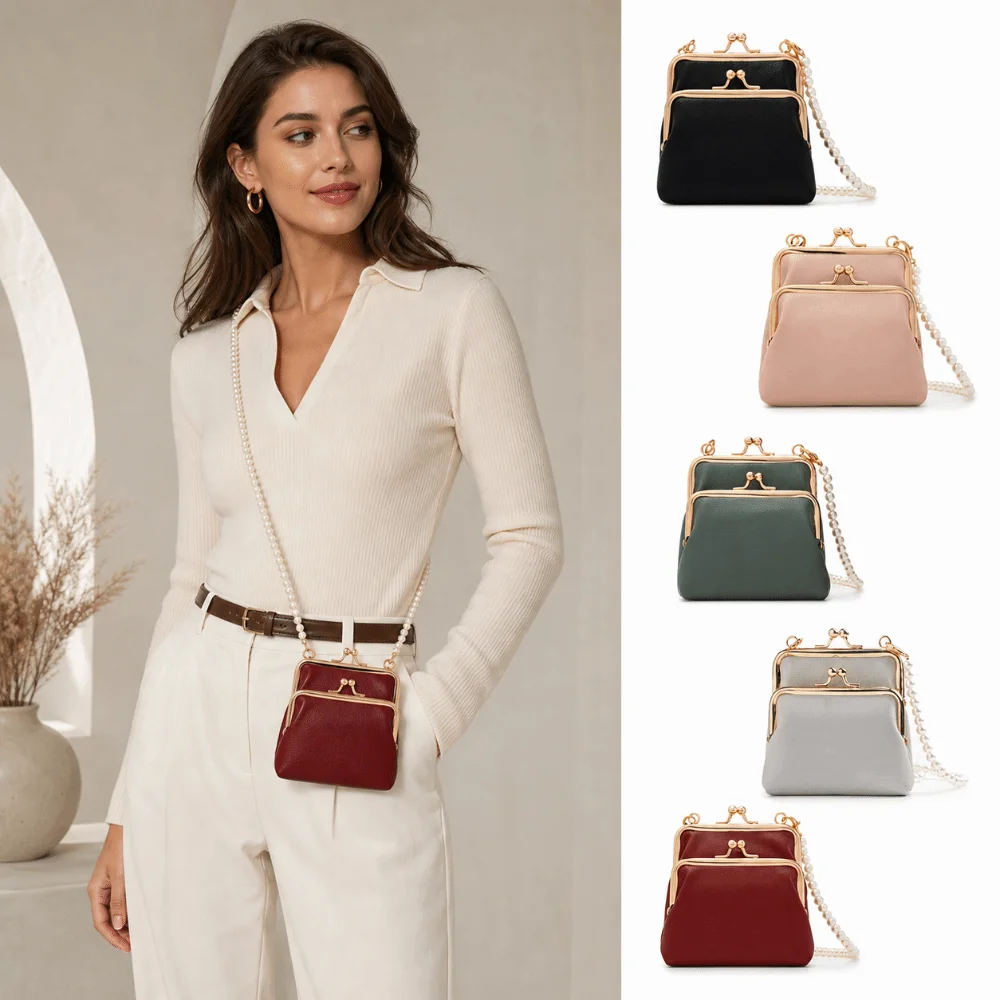 Double Layer Mini Crossbody Bag Pearl Chain Clip Frame Kiss Lock Purse PU Leather Detachable Strap Small Purse For Dating Gift