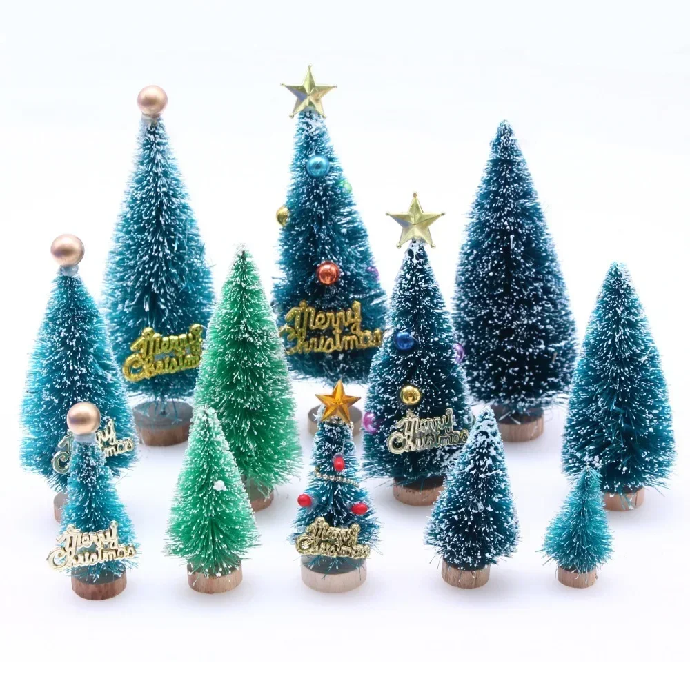 Decorated Mini Christmas Tree Cedar Pine on Sisal Silk Blue-green Mini Pearl Pentagram Christmas Tree Figurines & Miniatures