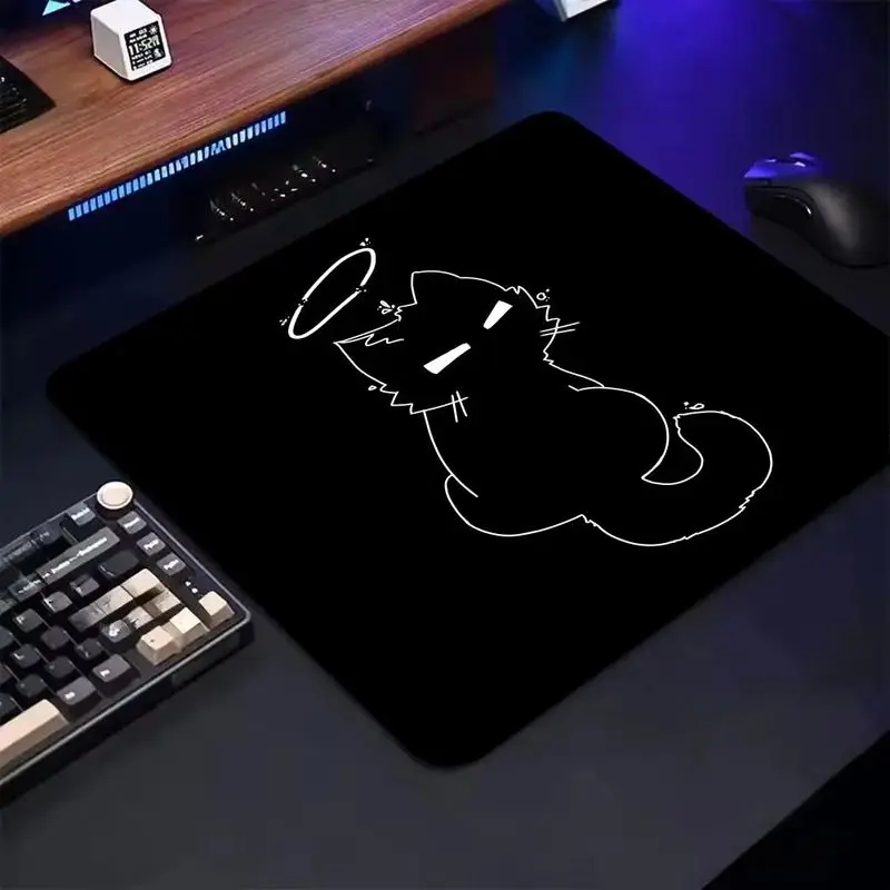 VIKAMA Minimalist Line Angel Cat Mouse Pad Black Cute Cartoon Pet Large Desk Mat Non Slip Rubber Gaming Office Laptop Decor