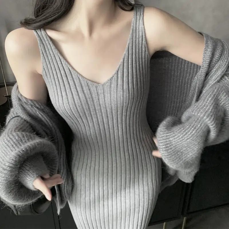 Suspended Sweater Dress Women Slim Fit Mid Length Wrapped Hip 2023 Spring Autumn Knitted Tank Dresses Solid Elegant Vestidos