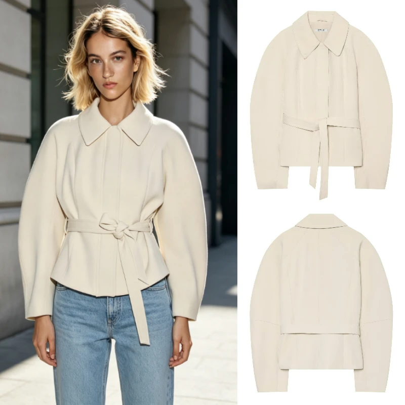 Women's Jacket 2026 Trendy Winter Fashion Lace-up Turn-down Collar Pleated Hem Loose Elegant Streetwear Coat