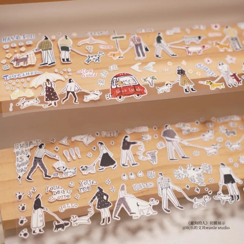 Enjoy Coffee Girl Walk The Dog Die Cut Washi YUPO Tape Craft Supplies DIY Scrapbooking Card Making Decorative Plan Sticker
