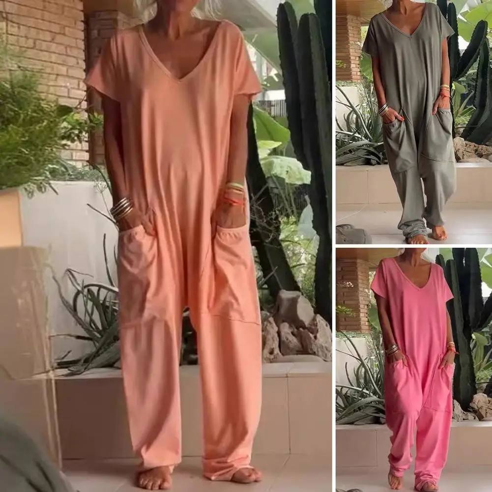 Salopette en lin à col en V pour femme, pantalon à jambes larges, poches à bavette, monochromatique, décontracté, fibre de coton, été