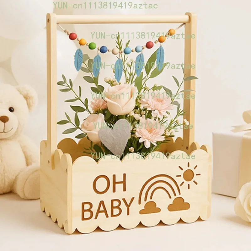 Wooden Baby Crate Basket With Clothes Rail Hangers Baby Clothes Rack For New Parent Gift Supplies