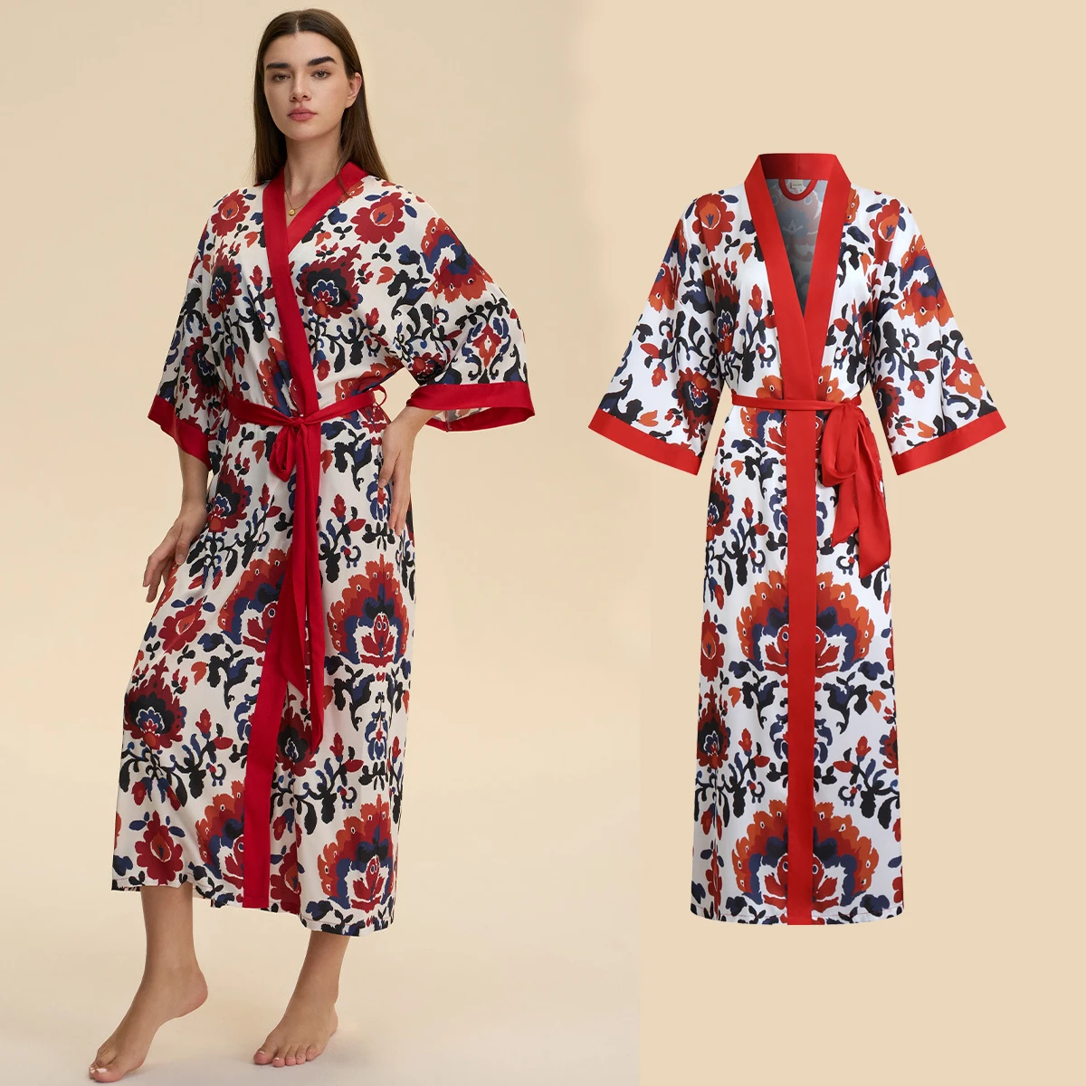 

Luxury Silky Satin Wedding Robe Women's Flower Print Long Bathrobe Kimono Dressing Gown Sleepwear Loose Home Dress Nightgown