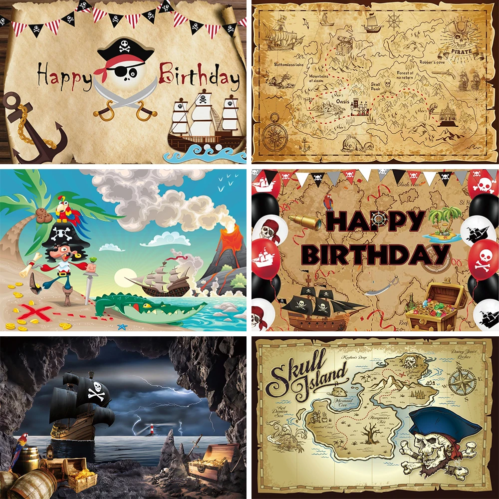 Barco Pirata Calavera isla mapa Grunge antiguo, navegación temática, fiesta de cumpleaños, fotófono, fondos de fotografía, accesorios de fotografía