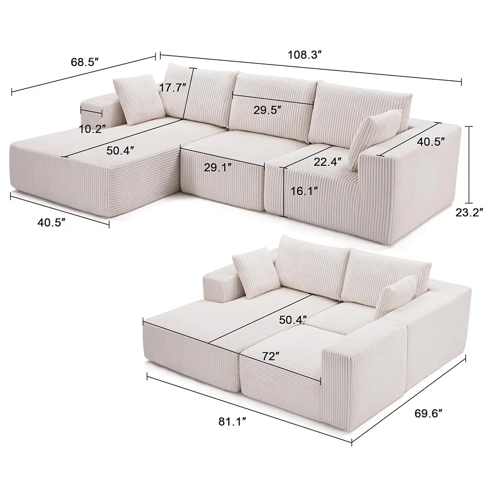 Cloud Corduroy 108 Modular Compression Combination Sofa with Deep Seat L-Shaped Chaise Lounge Living Room Bedroom Sofa