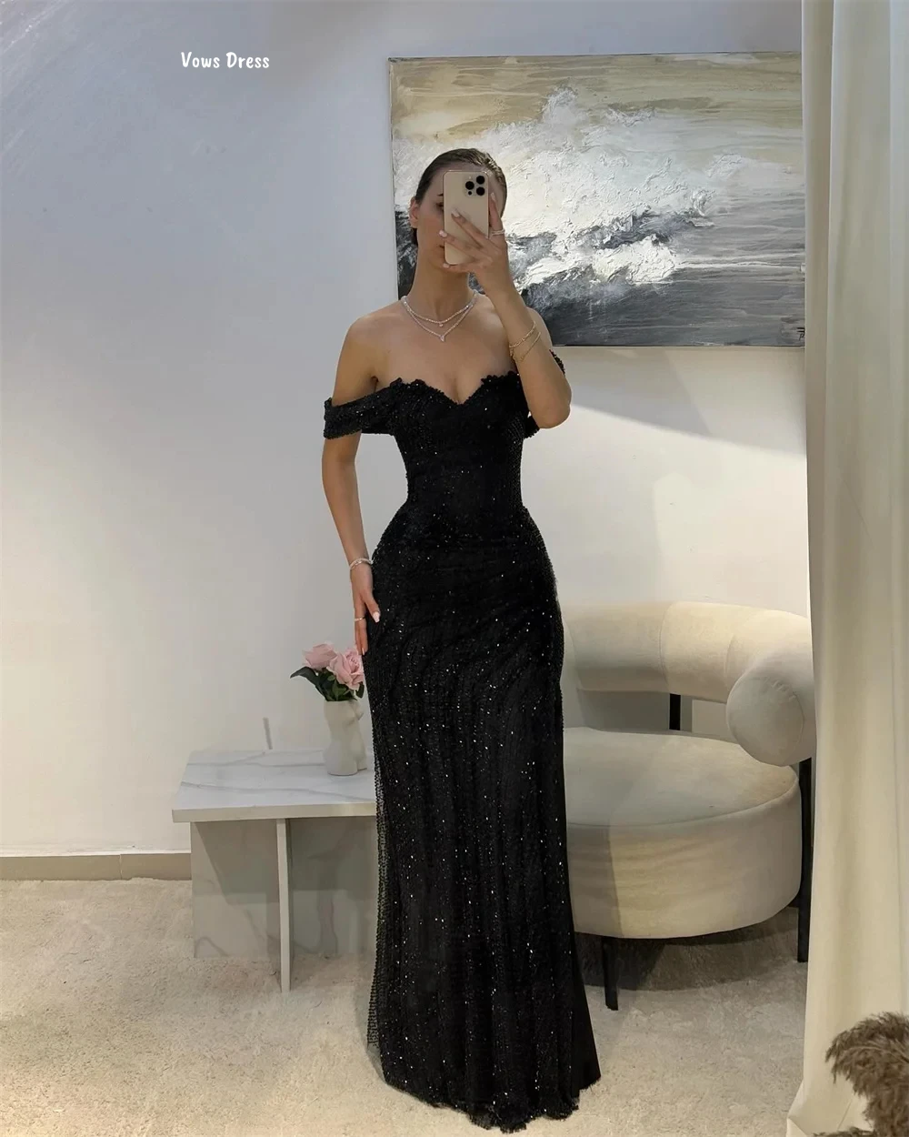 Vows lantejoulas luxuoso vestidos de noite femininos mulher elegante vestido de noite de luxo 2025 preto feito sob encomenda linha um robe soiree baile