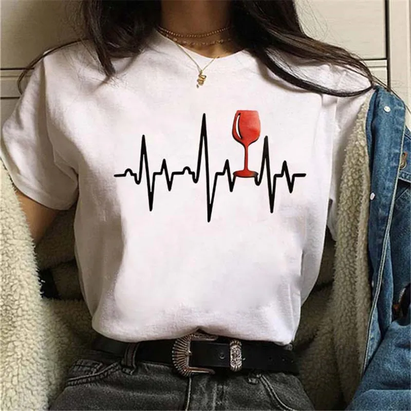 Heartbeat Wine Print T-shirt Short Sleeve Women's Dress Graphic T Shirts Harajuku  Aesthetic Clothes  Tops  Vintage Clothes