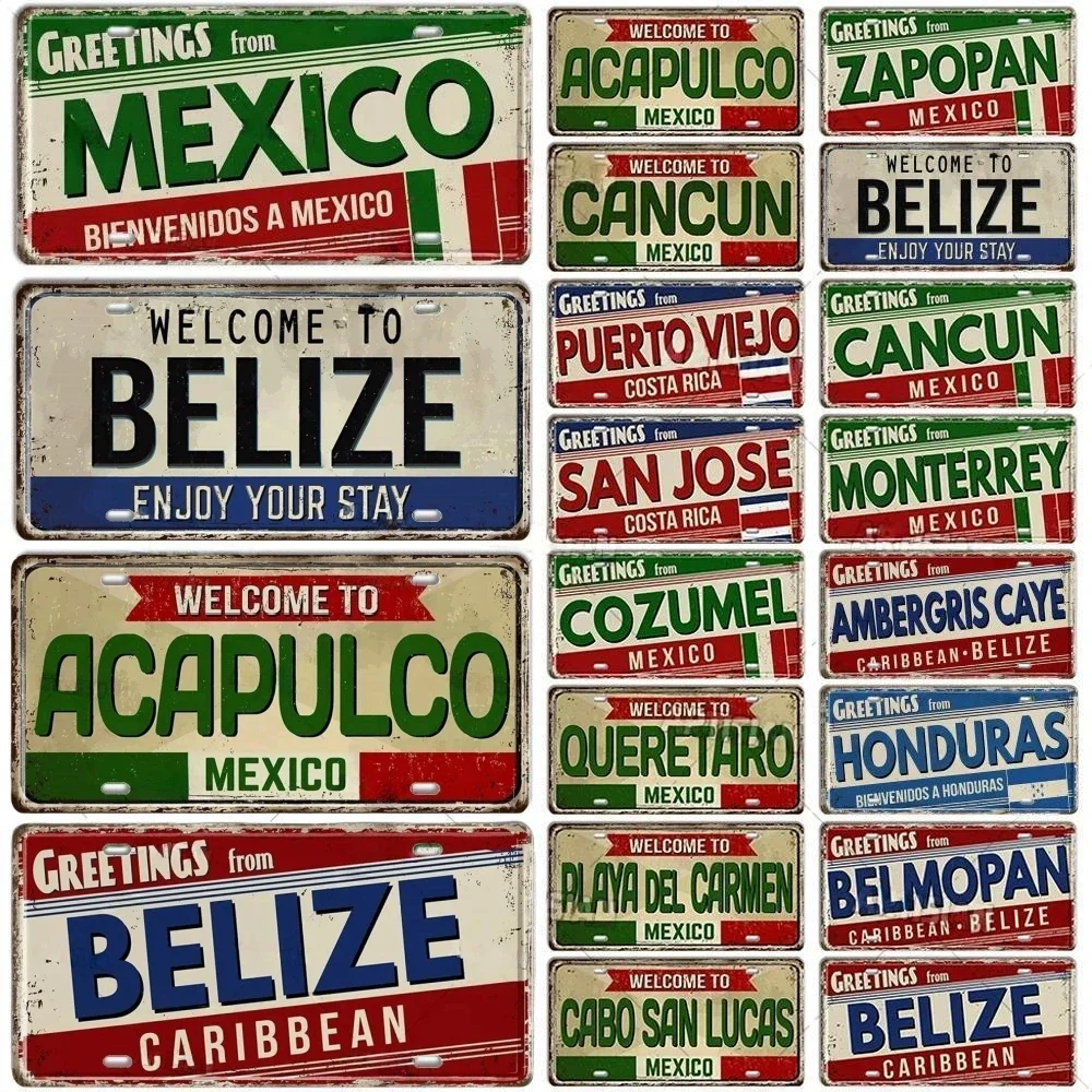 MEXICO BELIZE COSTA RICO Landmark Aluminum Plate City State Decorative Car Plate Latin America Metal Plaque Bar Cafe Wall Decor