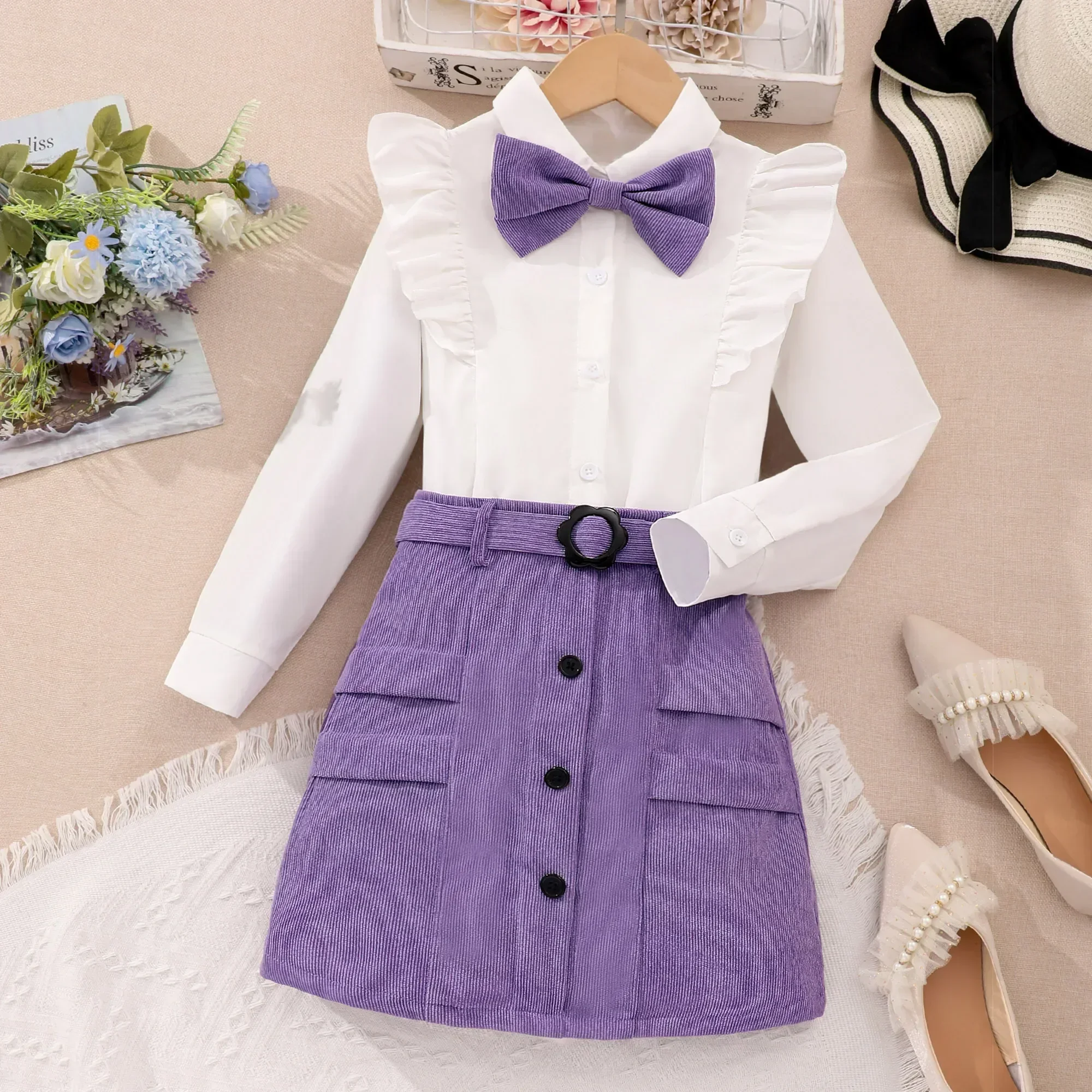 Spring Summer Girls Clothing Set Long Sleeved Polo Neck Shirt Solid Color Half Skirt Belt Fashion Children Suit 8-12yrs