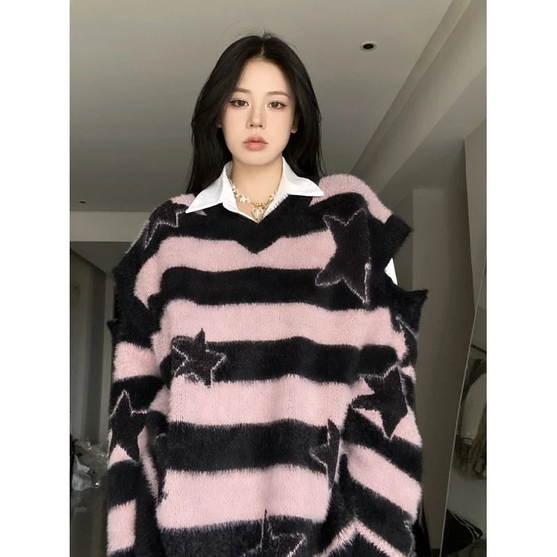 Deeptown Y2k Pink Striped Knitted Sweater Women Goth Vintage Jumper Korean Fashion Oversized Star Knitwear Aesthetic Harajuku