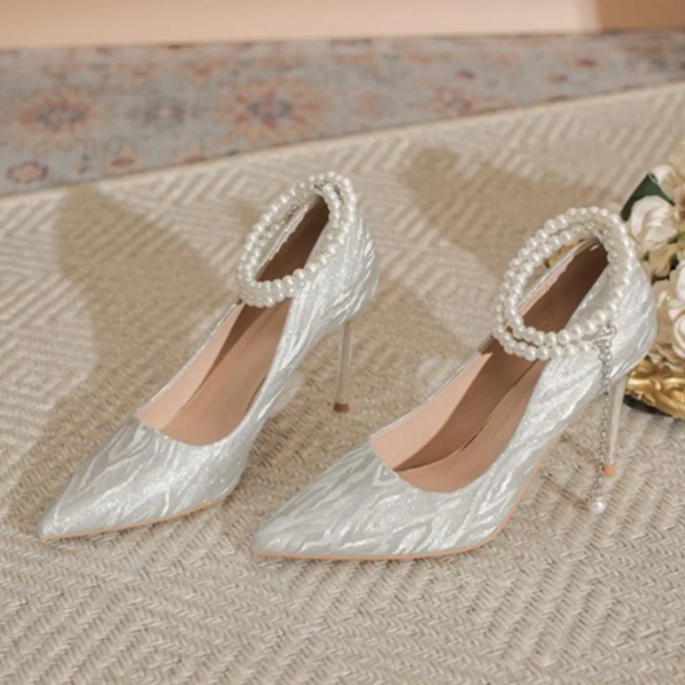 

High Heels Women's Spring Autumn Sequins Cloth Shallow Mouth High Heel Pumps New Pointed Beads String Bridal Wedding Shoes