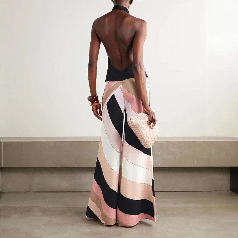 Tuta lunga patchwork stampata moda donna 2025 Elegante pagliaccetto con tasca al collo appeso Tuta dritta scavata senza schienale sexy