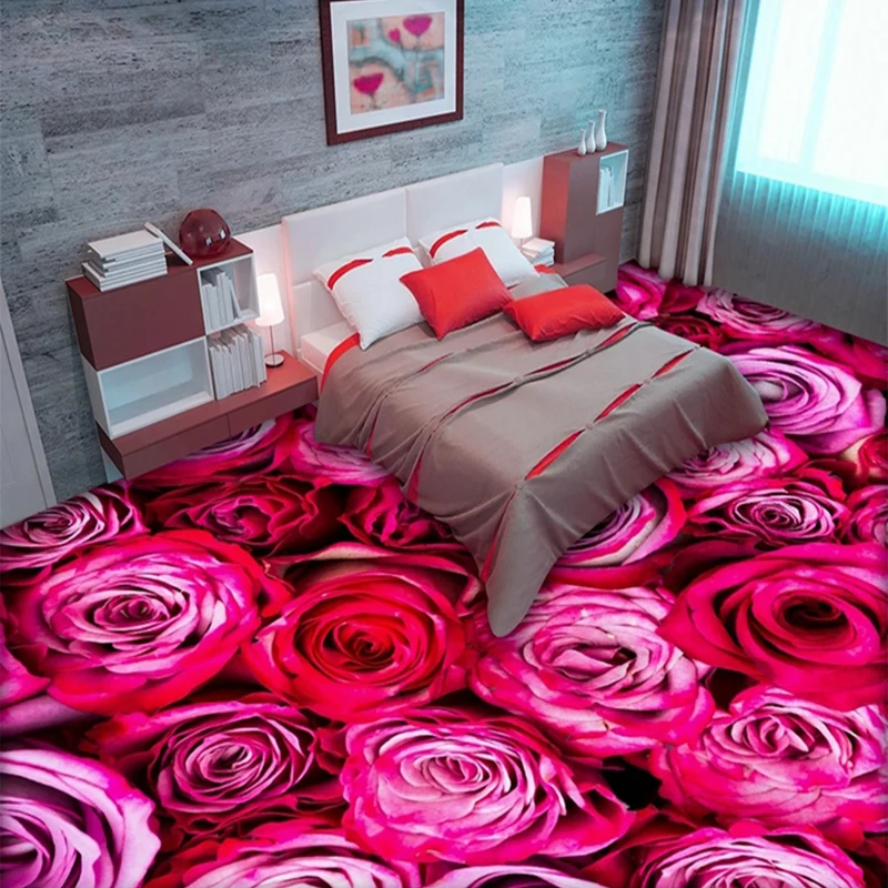 Custom 3D Mural Romantic Red Rose Flowers Floor Tiles Sticker for Wedding Room Bedroom Waterproof PVC Self-adhesive Wallpaper