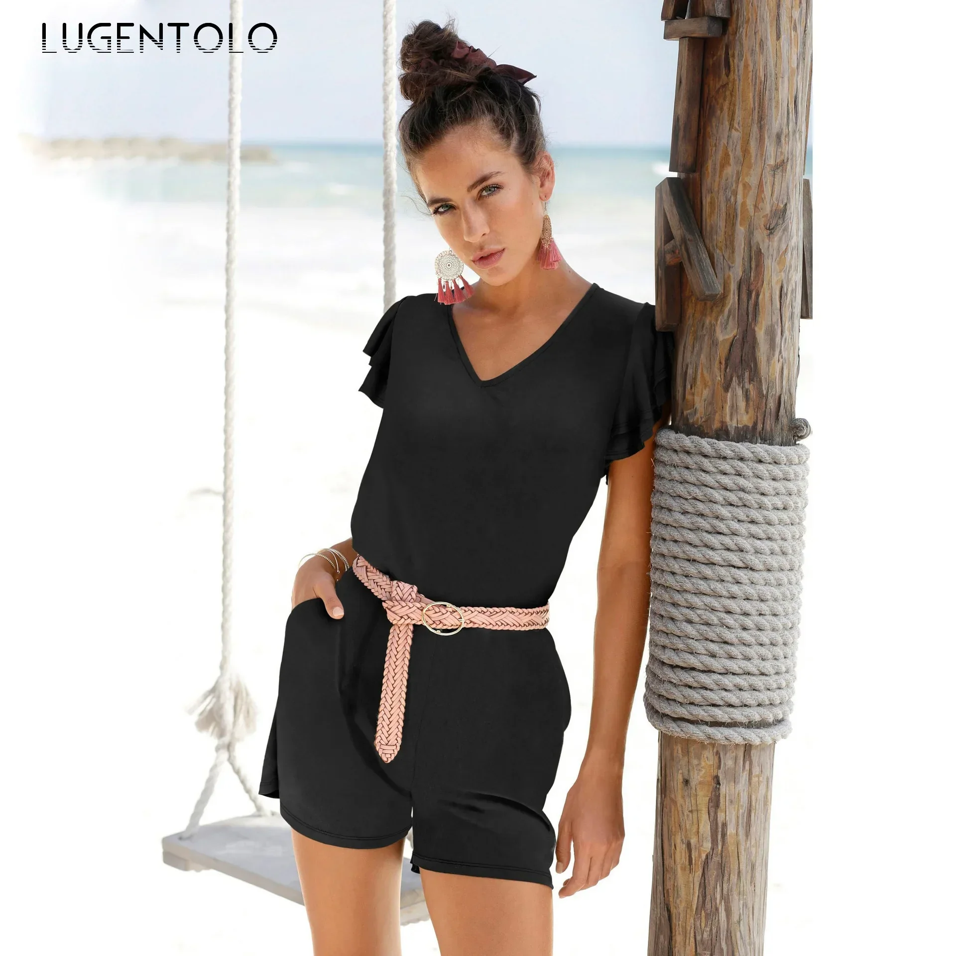 

Summer Playsuit Women Beach Sexy V-neck Backless Short Sleeve Lady Casual Rompers Straight Black Thin Street Playsuits Lugentolo