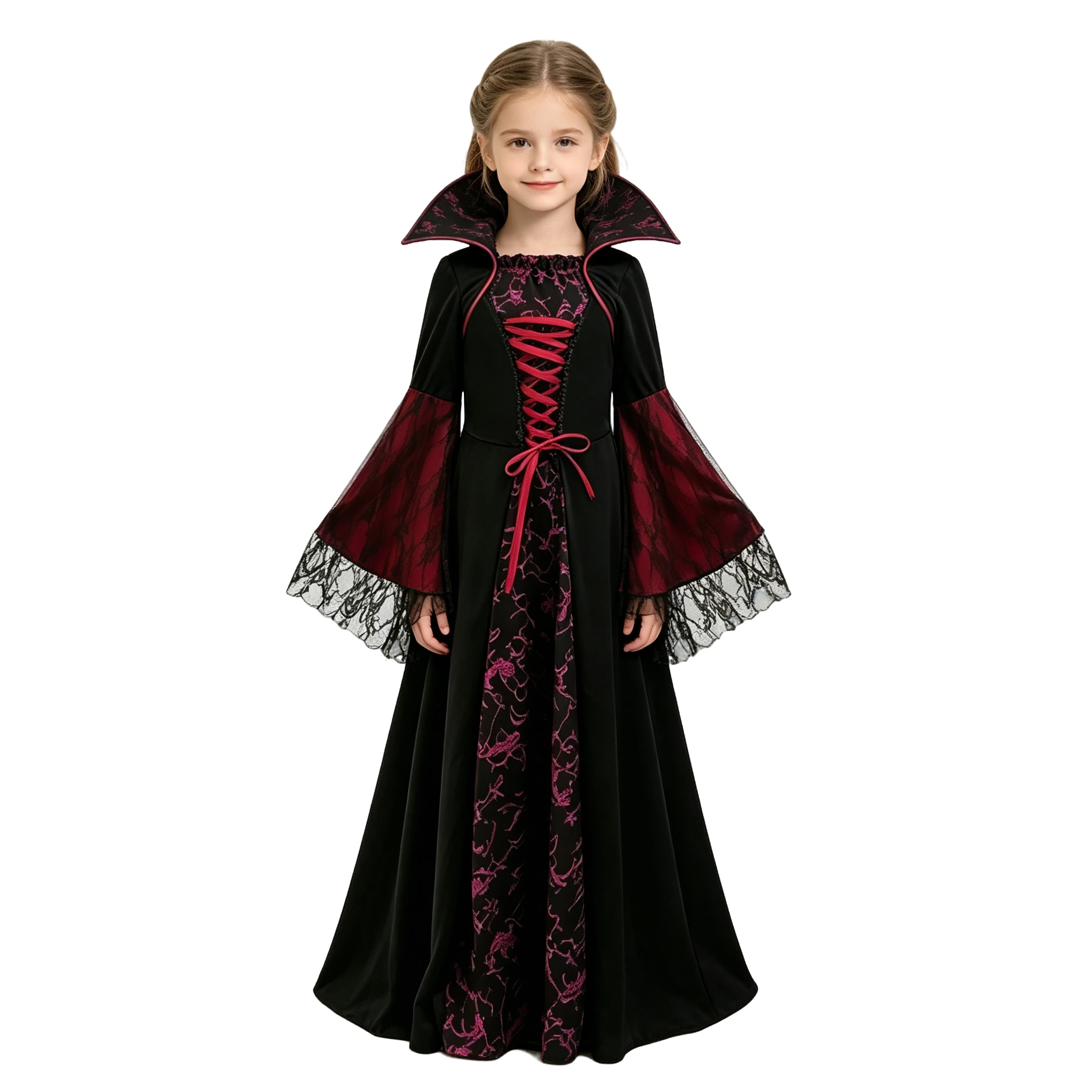 Mädchen-Vampir-Königin-Kostüm, Schwarz-Rot, Vintage-Langes Kleid mit Stehkragen und ausgestellten Ärmeln für Halloween, Karneval, Cosplay – Detail 3