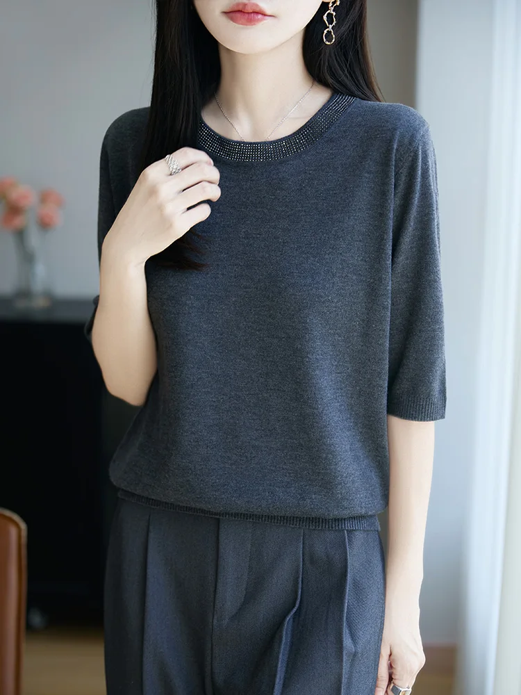 Rundes Ne ort Sve-Strick-T-Shirt für Damen mit Strassverzierung f Sve, lässig, lockere Passform, atmungsaktiv, normale Länge