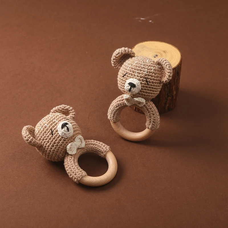 Sonajero de madera para bebé, anillo mordedor de madera, sonajeros de música de conejo de ganchillo, pulsera de chupete, juguetes para niños pequeños, regalo para niños, 1 unidad