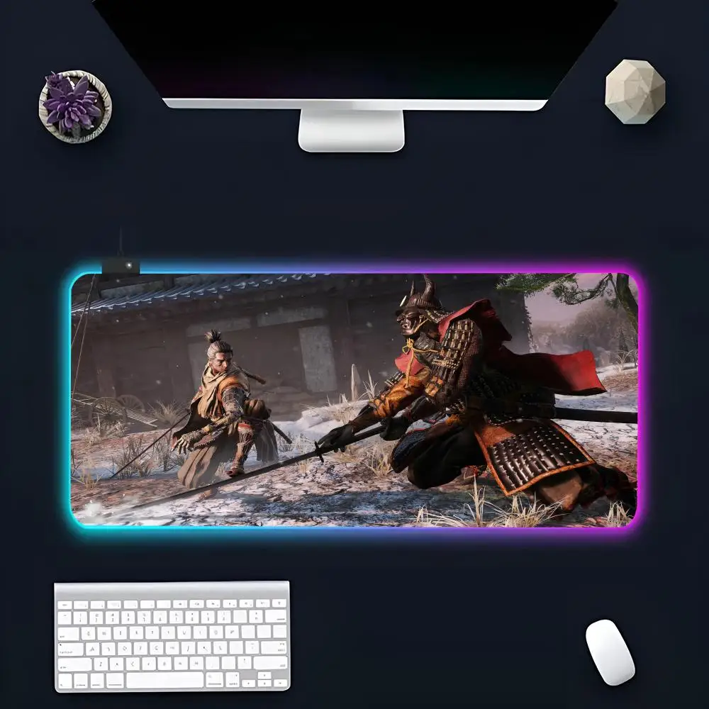 Game S-Sekiro S-Shadows MINISO Mouse Pad RGB Gaming Mousepad LED Large Gamer Mousepad XXL Keyboard Pad Luminous Desk Mat Backlit
