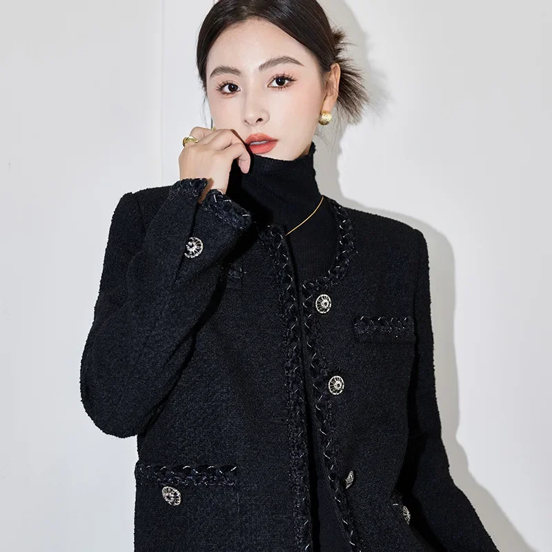 

Celebrity style black small fragrant style short coat women's spring and autumn temperament heavy industry tweed crew neck coat