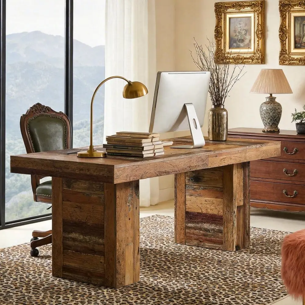 Large 63 Executive Desk, Rustic Wooden Writing Table for Home or Office, Distressed Brown Finish