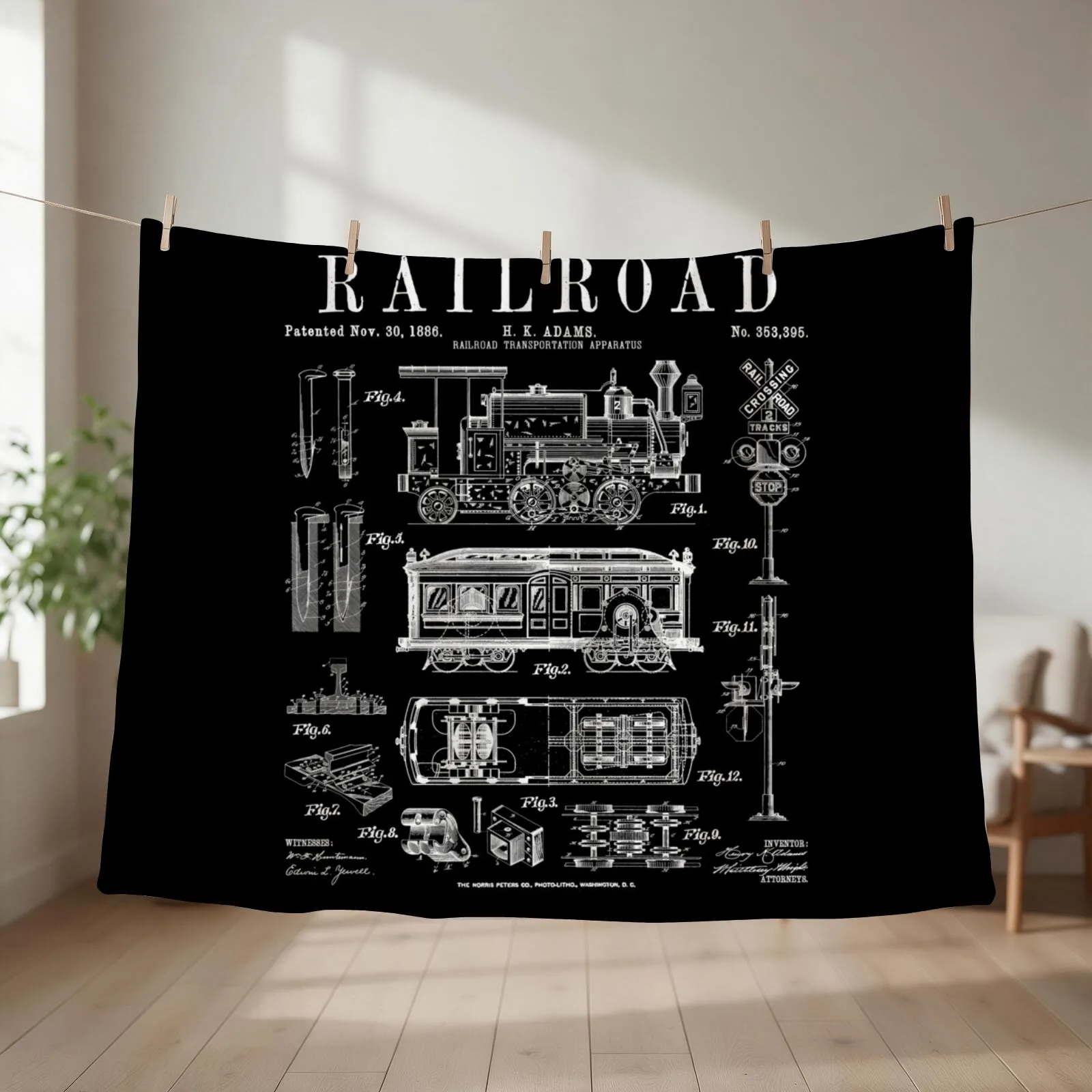 Railroad Railway Steam Locomotive Train Vintage Patent Print Throw Blanket couch cozy soft plush fuzzy picnic outdoor blanket