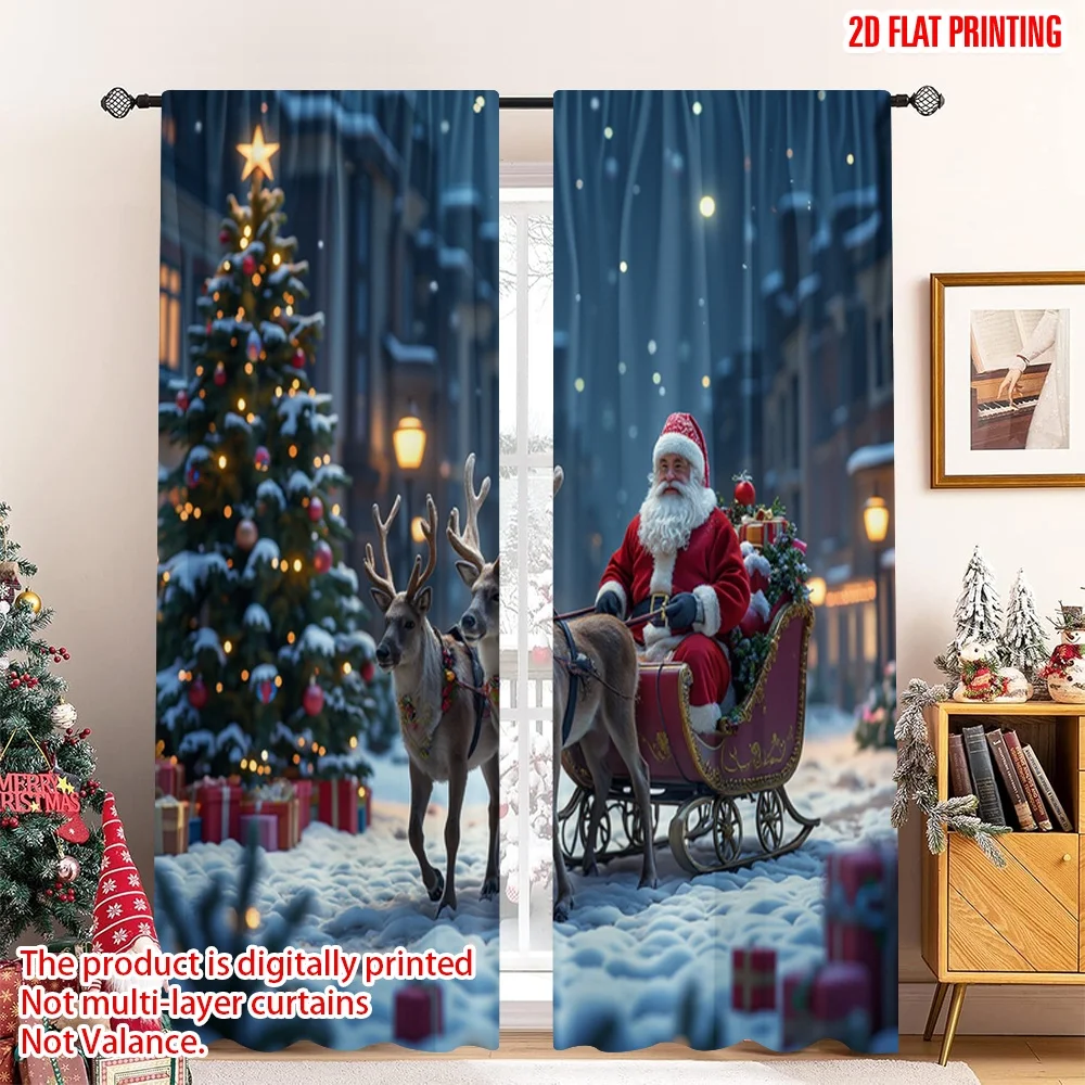 

2pcs 2D flat printing Merry Christmas Curtain Santa Christmas Sleigh Ride Polyester Without Electricity Festive Wall Decor Use